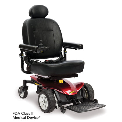 Pride Jazzy Elite ES power wheelchair in Candy Apple Red, right-side three-quarter view