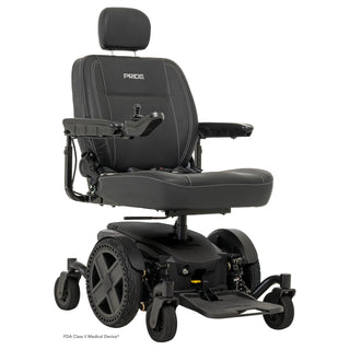 Pride Jazzy EVO 614HD power wheelchair in Black, three quarter view from the right