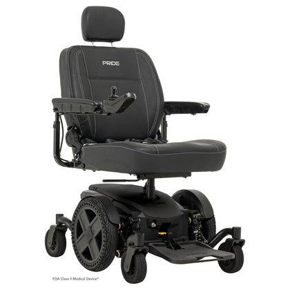 Pride Jazzy EVO 614HD power wheelchair in Black, three quarter view from the right