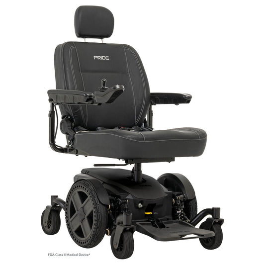 Pride Jazzy EVO 614HD power wheelchair in Black, three quarter view from the right