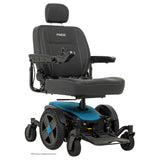 Pride Jazzy EVO 614HD power wheelchair in Iceberg Blue, three quarter view from the right