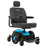 Pride Jazzy EVO 614HD power wheelchair in Robin's Egg Blue, three quarter view from the right