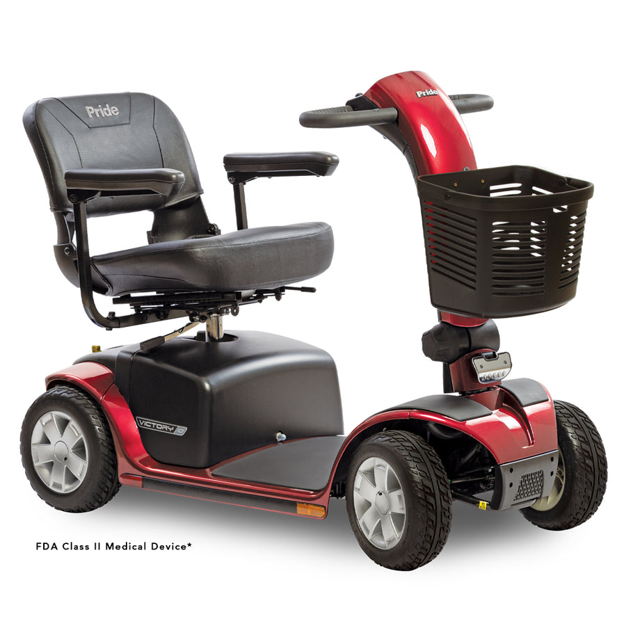 Pride Victory 10 4-Wheel mobility scooter in Candy Apple Red, right-facing three-quarter front view