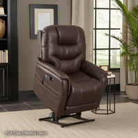 The Pride VivaLift Elegance 2 lift chair in Badlands Walnut, lifted to the standing position in a living room