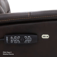 Close-up of the Pride VivaLift Elegance 2 arm with the magnetic hand control docked and the USB port beside it