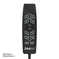 Close-up of the Pride VivaLift hand control for the Elegance 2, with headrest, lumbar, back, legrest and two memory buttons