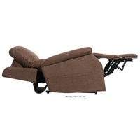 Pride VivaLift Metro 2 lift chair in Saville Brown, laid flat with the power headrest raised, side view
