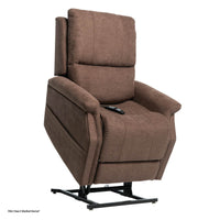 Pride VivaLift Metro 2 lift chair in Saville Brown, lifted to the standing position, right three-quarter view