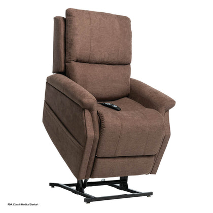 Pride VivaLift Metro 2 lift chair in Saville Brown, lifted to the standing position, right three-quarter view