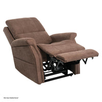 Pride VivaLift Metro 2 lift chair in Saville Brown, reclined with the footrest extended, right three-quarter view