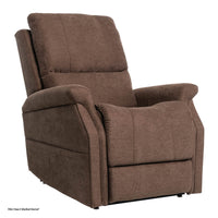 Pride VivaLift Metro 2 lift chair in Saville Brown, upright seating position, right three-quarter view