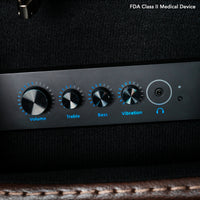 Audio controller in the armrest of the Pride VivaLift Premier lift chair, with volume, treble, bass and vibration dials