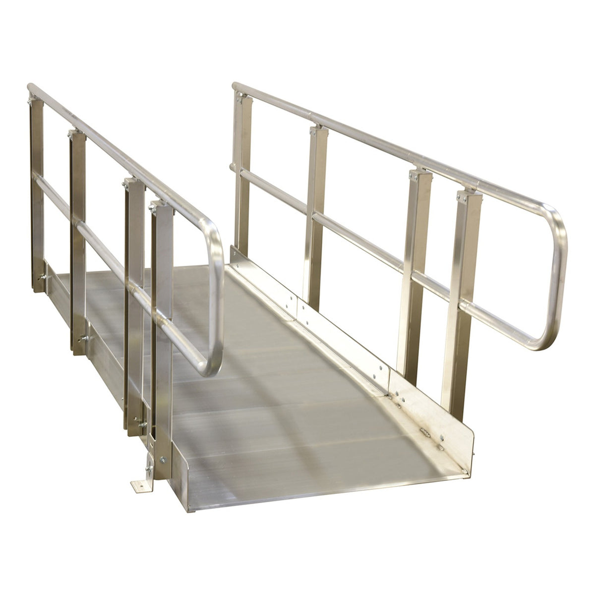 PVI OnTrac Ramp with handrails on both sides, grooved aluminum surface (a longer length shown)