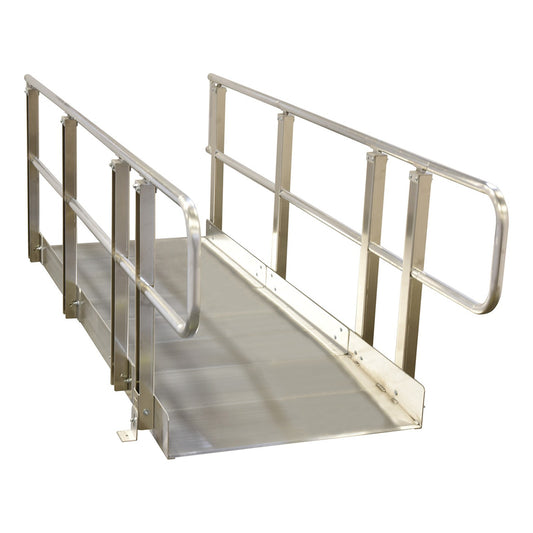 PVI OnTrac Ramp with handrails on both sides, grooved aluminum surface (a longer length shown)