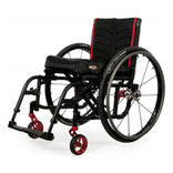 Quickie 2 with a seat cushion and red casters