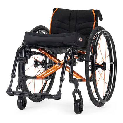 Quickie QS5 X folding wheelchair, black frame with orange crossbrace and spokes