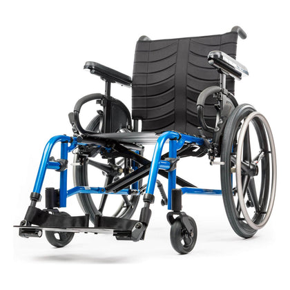 Quickie QXi folding wheelchair, blue frame with swing away hangers