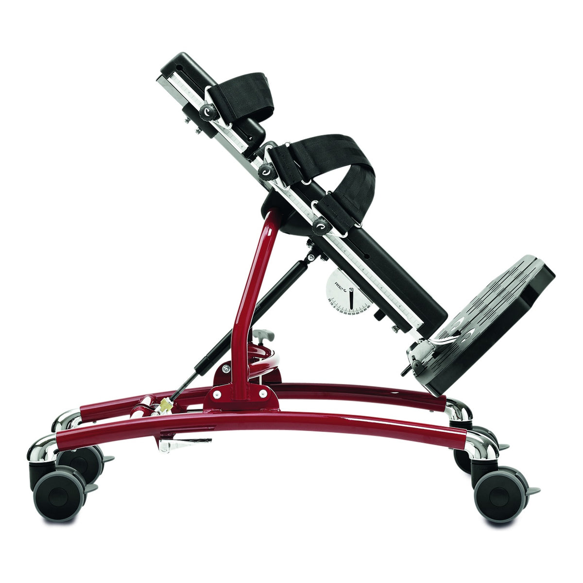 The R82 Caribou stander, size 2 in red, tilted forward, with its mast, chest pad, chest strap and footrest