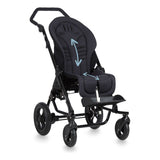 The Chilla seat with a grey set, showing the back height and seat depth adjustment