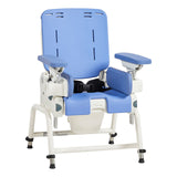 The Flamingo Curo size 1 seat on the potty frame, with side supports, armrests and a hip belt