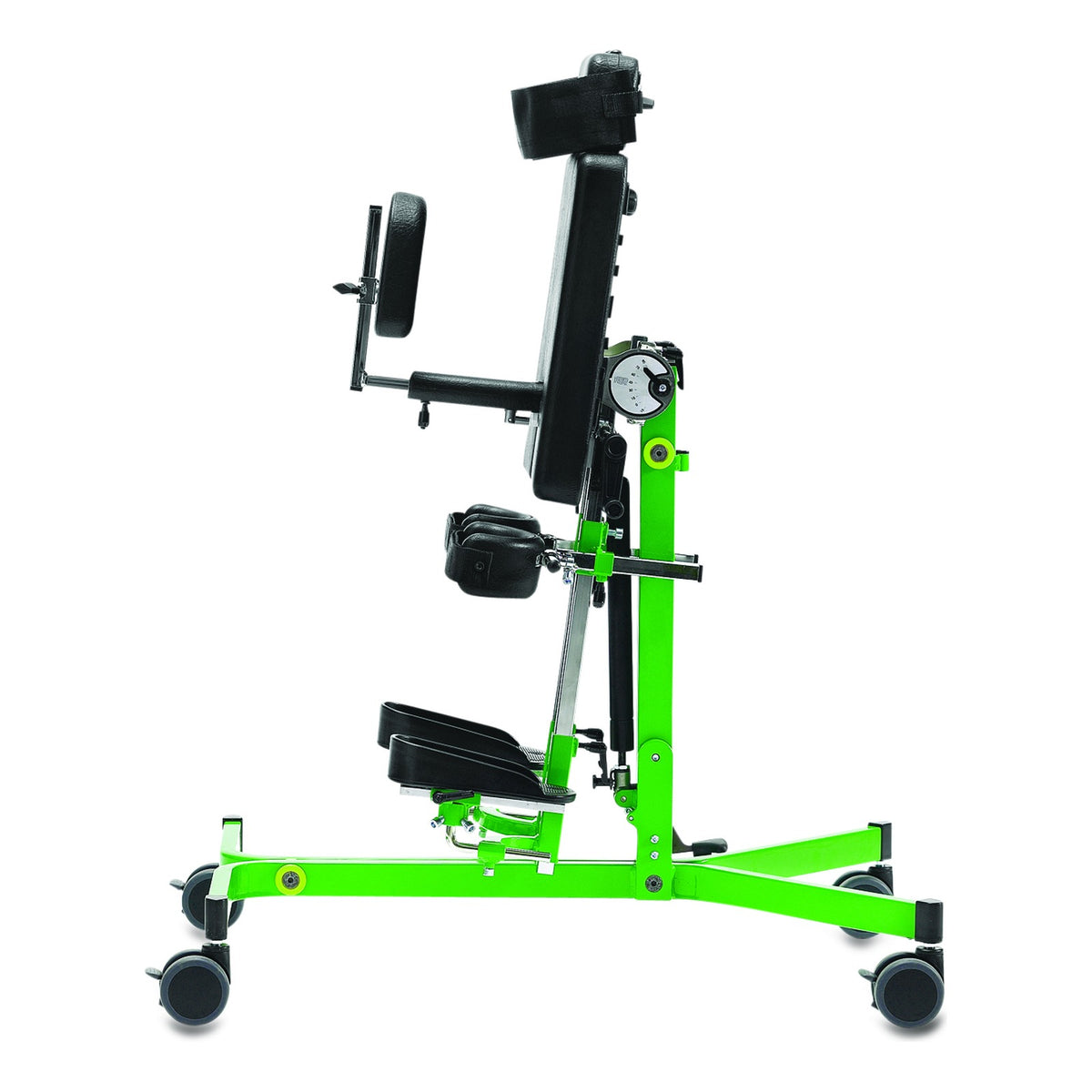 The R82 Gazelle PS stander, size 2 in green, upright, with its mast and torso pad, chest pad, knee support and footrests