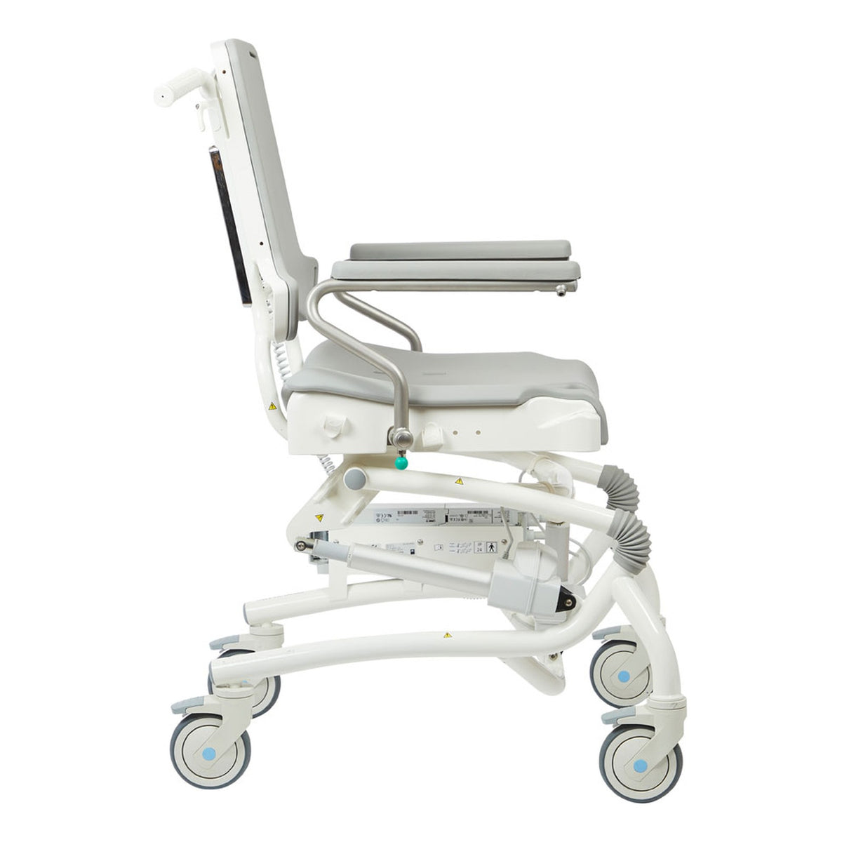 The R82 Heron Power toilet and bath chair with flip-back armrests, seen from the side