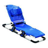 The Manatee reclined on the bath tub frame, with the head and lateral support, torso belt and leg straps