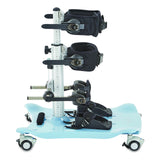 The R82 Meerkat dynamic stander, size 1 in pastel blue, with pelvic, chest and knee supports and sandals