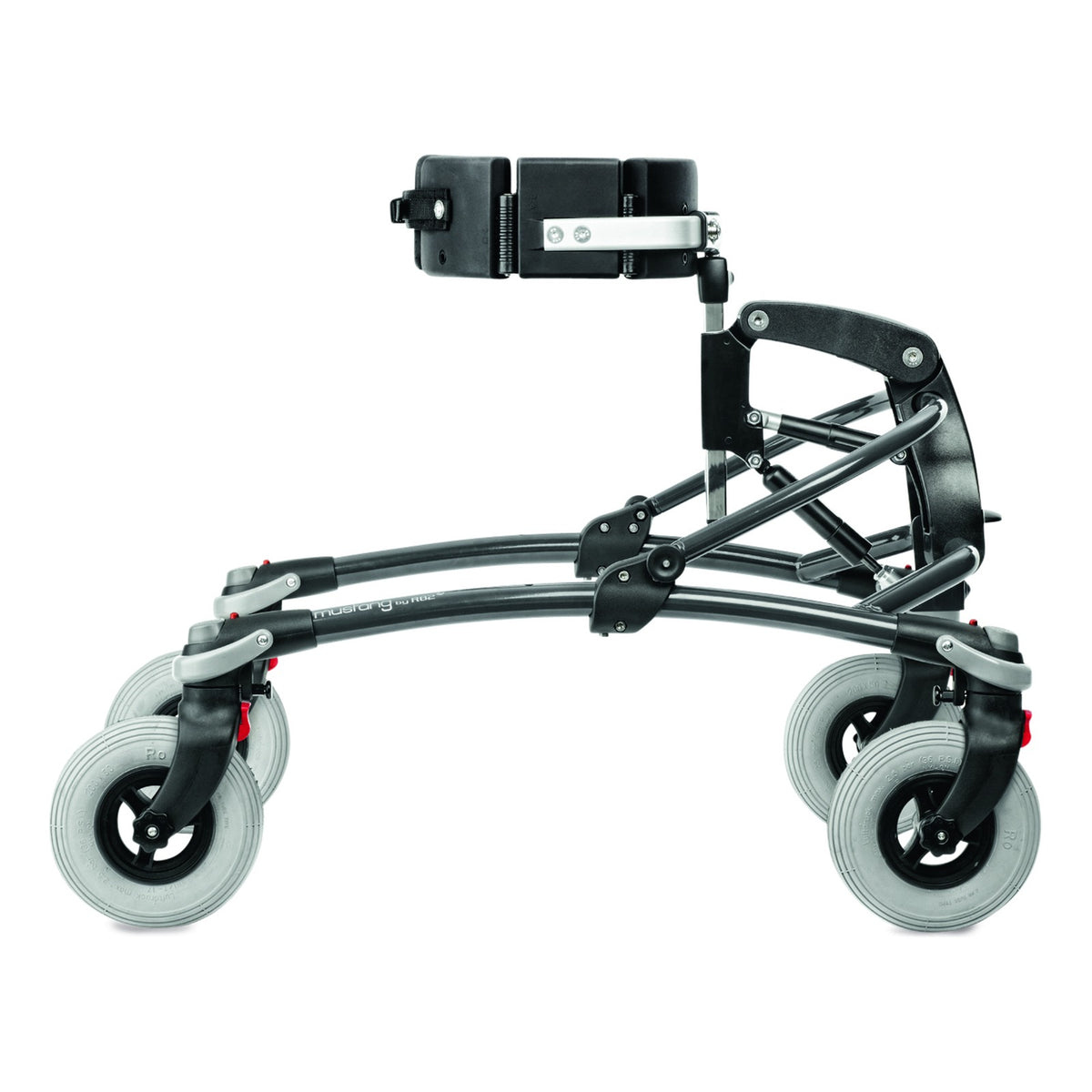 The R82 Mustang gait trainer frame in anthracite, with its center bar and four wheels