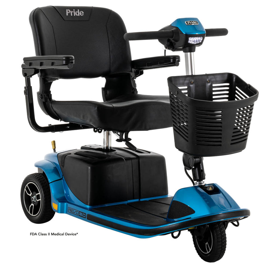 Pride Revo 2.0 3-Wheel mobility scooter in True Blue, right-facing three-quarter view
