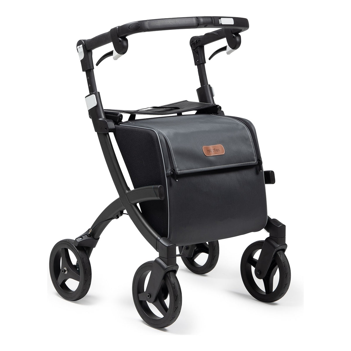 Rollz Flex² rollator, Matt Black, three-quarter front view