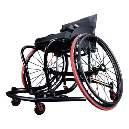 RGK AllCourt basketball wheelchair, black frame with red handrims