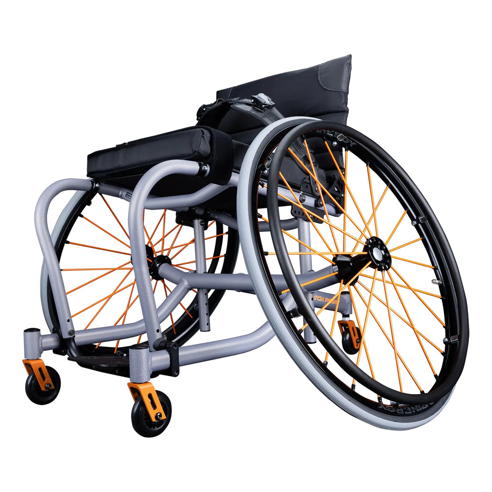 RGK Match Point tennis wheelchair, silver frame with orange spokes