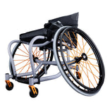 RGK Match Point tennis wheelchair, silver frame with orange spokes