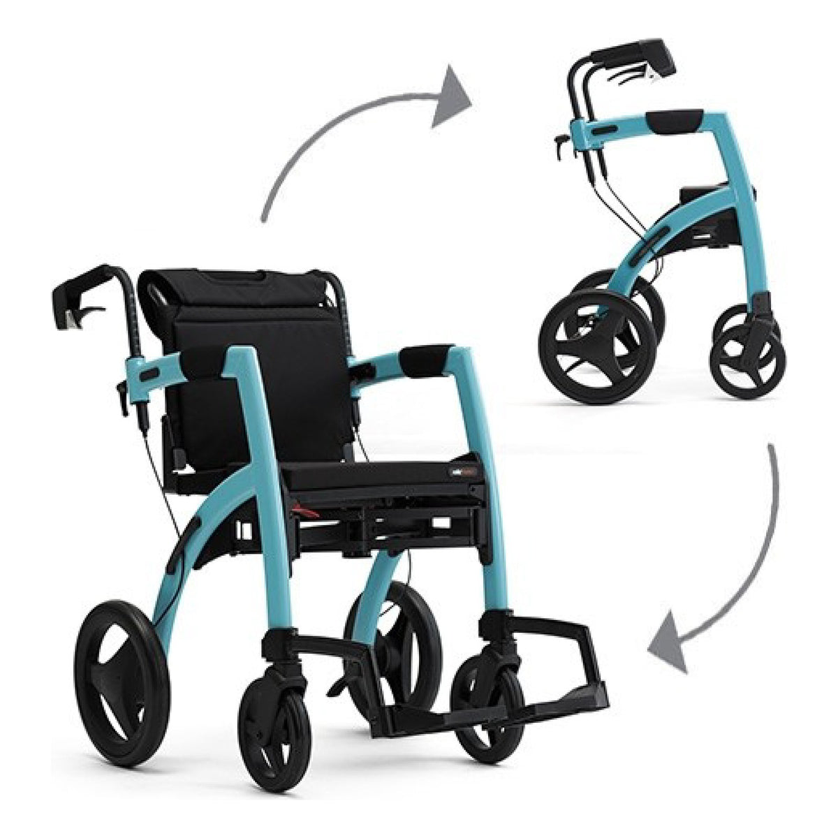 Rollz Motion² rollator transport chair, Island Blue, shown as a transport chair and as a rollator