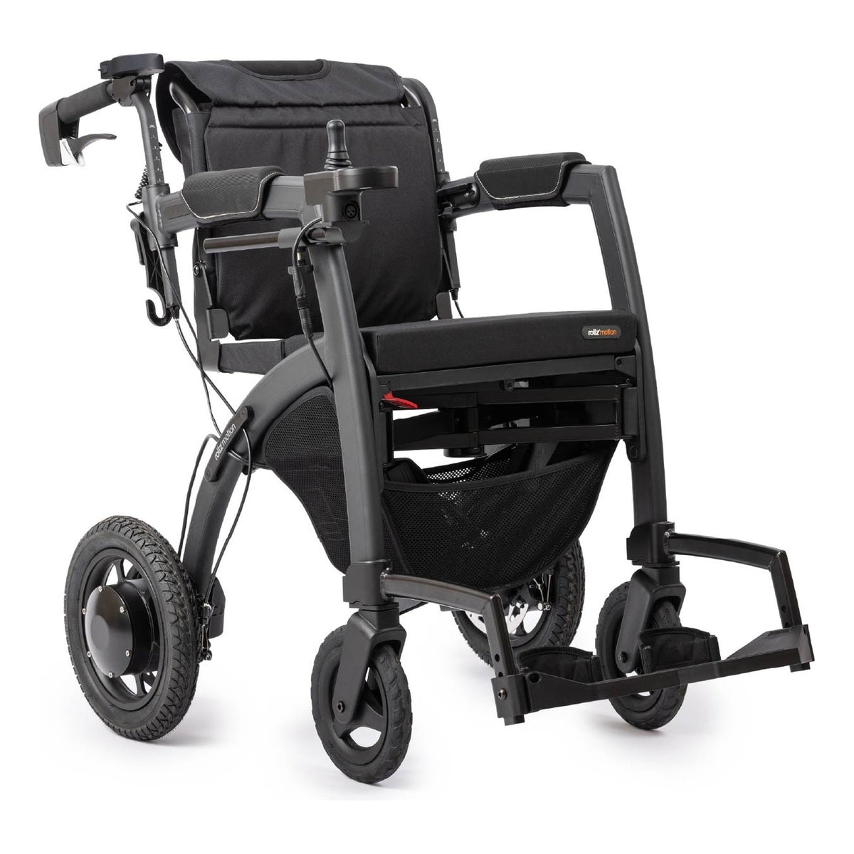 Rollz Motion Electric in Matt Black set up as an electric wheelchair, three-quarter front view