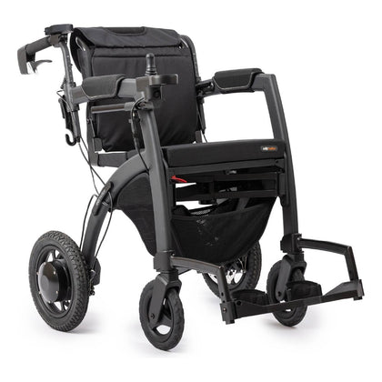 Rollz Motion Electric in Matt Black set up as an electric wheelchair, three-quarter front view