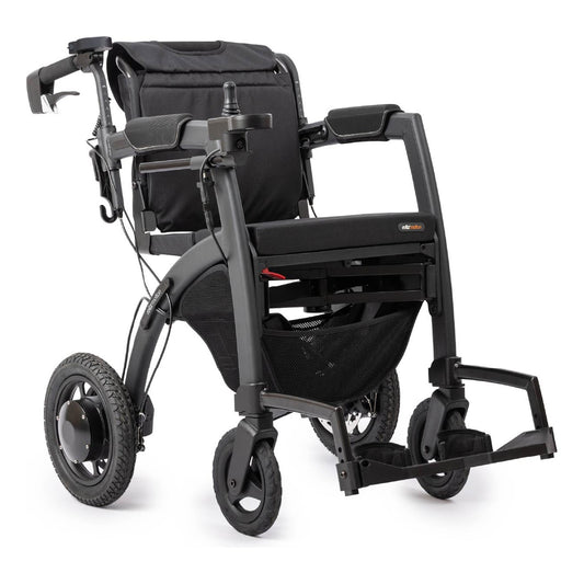 Rollz Motion Electric in Matt Black set up as an electric wheelchair, three-quarter front view