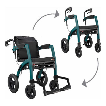 Rollz Motion Performance, Jungle Green, shown as a transport chair and as a rollator