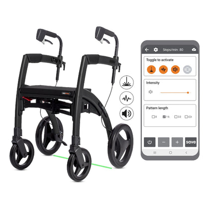 Rollz Motion Rhythm rollator in Matt Black with its laser line and the Rollz app
