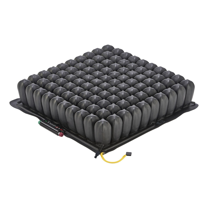 A black air cell wheelchair cushion with rows of tall air cells and an inflation valve