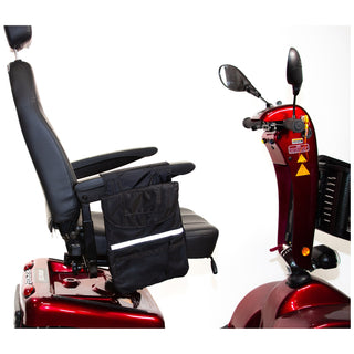 Shoprider armrest bag hanging from the armrest of a Shoprider scooter