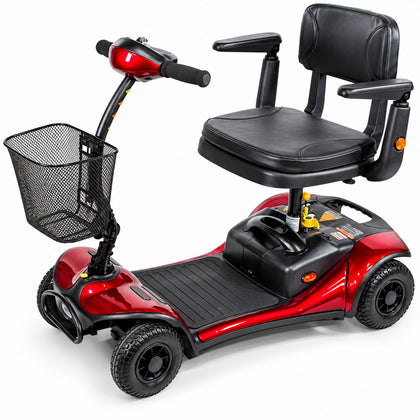 Shoprider Dasher 4 travel scooter in burgundy, front three-quarter view
