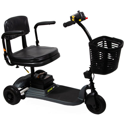Shoprider Echo + 3-wheel travel scooter in dark grey, front three-quarter view