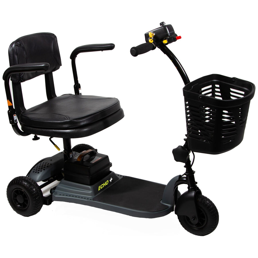 Shoprider Echo + 3-wheel travel scooter in dark grey, front three-quarter view