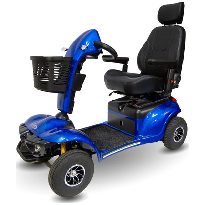 Shoprider Excursion 4-wheel scooter in blue, front three-quarter view