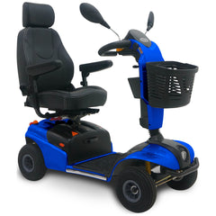 Shoprider Explorer 4-wheel scooter in blue, front three-quarter view