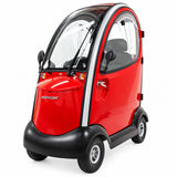 Shoprider Flagship enclosed cabin scooter in red, front three-quarter view
