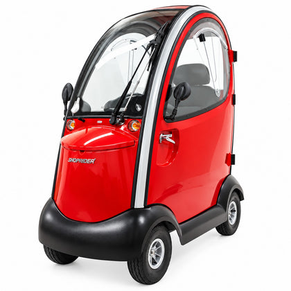 Shoprider Flagship enclosed cabin scooter in red, front three-quarter view