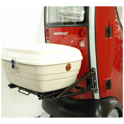 Shoprider Flagship lock box with cover, mounted at the rear of the Flagship
